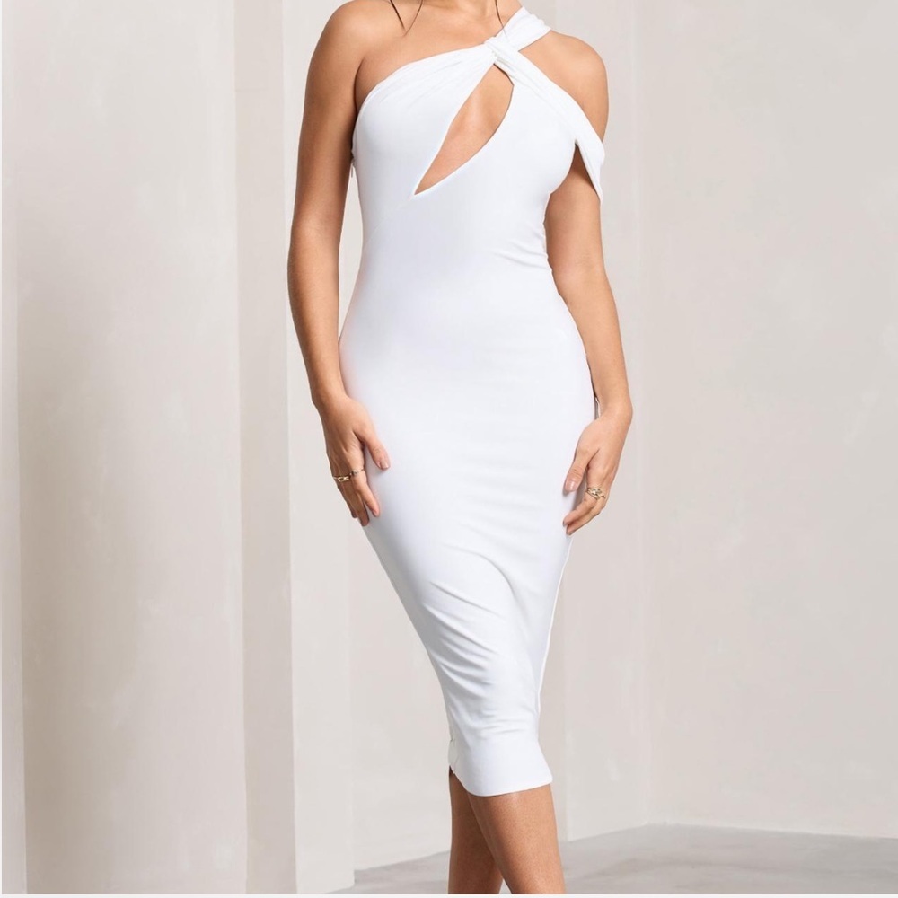 Club L London Ella Asymmetric Neck Cut Out Midi Dress | Size 10 | Ivory